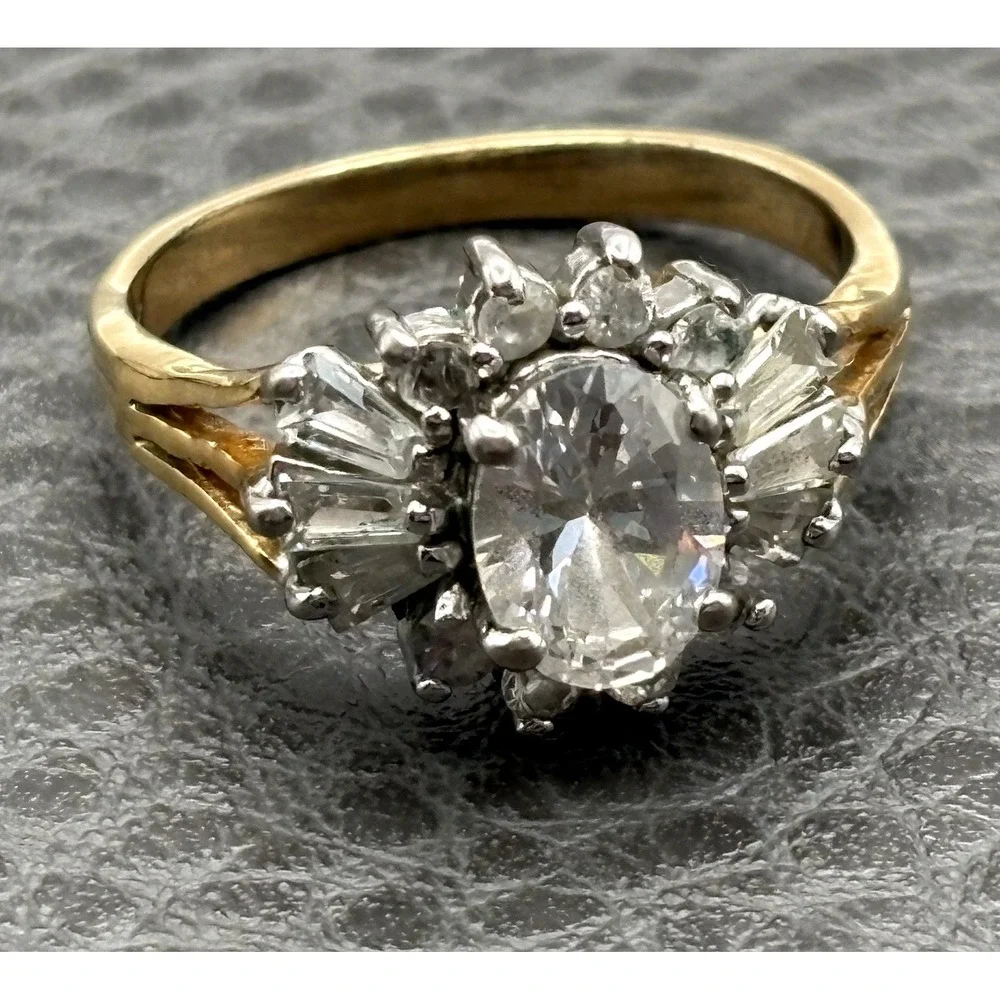 Vintage Yellow Gold Plated Oval CZ Halo Cocktail Ring Round Baguette Accents